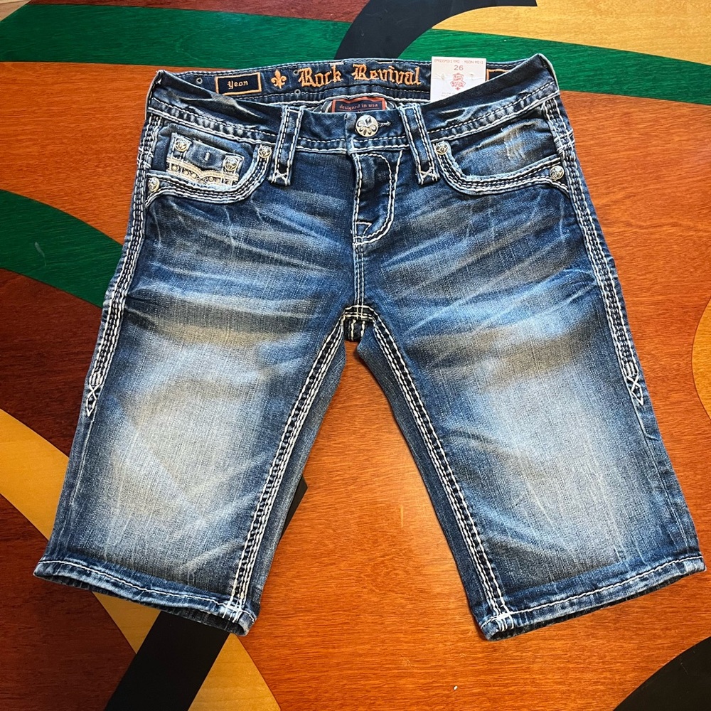 Rock Revival Bermuda Buckle Womens Bling Denim Jeans Shorts NWT 26"